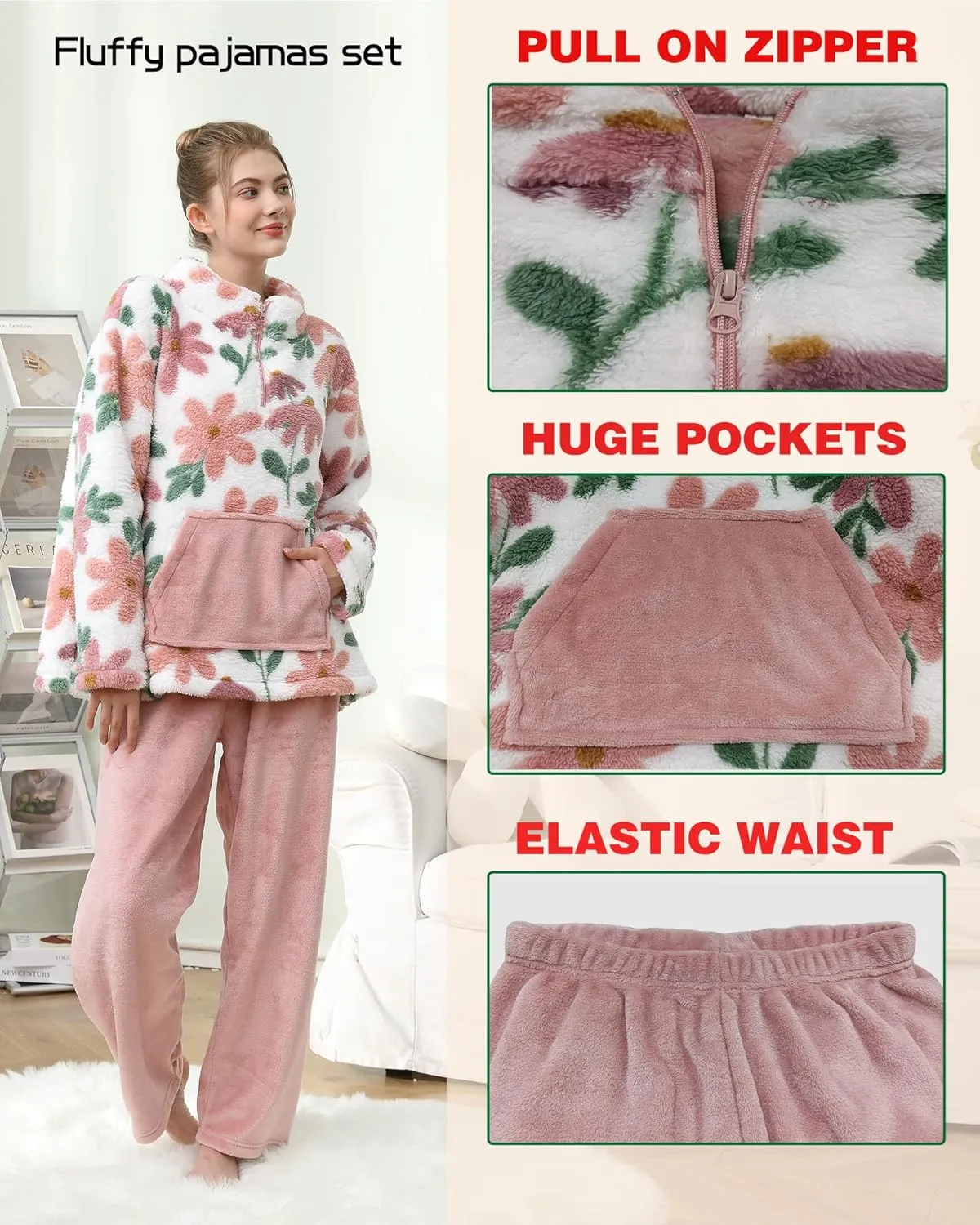 2 Piece Fuzzy Fleece Pajamas Women Winter Warm Sleepwear Sets Pullover Top & Pants Loungewear Teens Ladies Nightwear