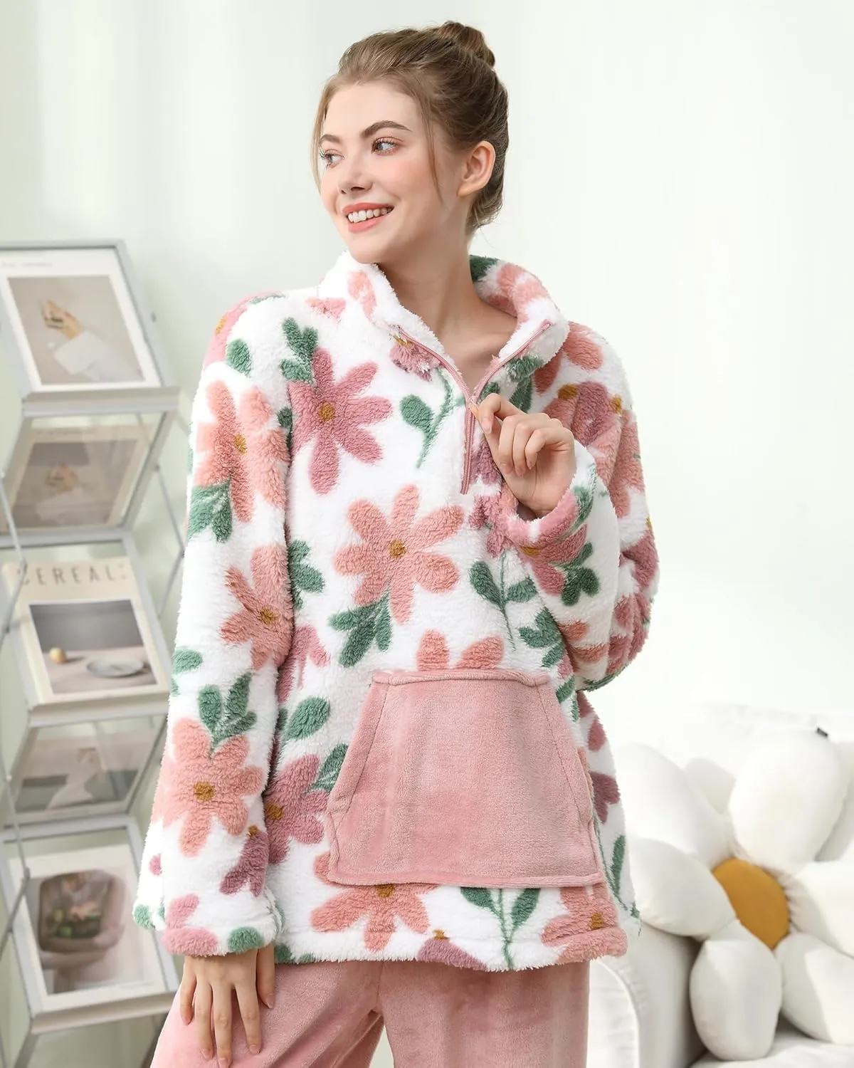 2 Piece Fuzzy Fleece Pajamas Women Winter Warm Sleepwear Sets Pullover Top & Pants Loungewear Teens Ladies Nightwear