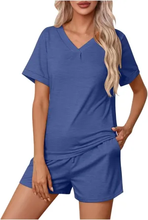 2 Piece Pj Sets For Women Summer Trendy Solid Color V Neck Short Sleeve Top And Shorts Comfy Sleepwear Outfit Loungewear