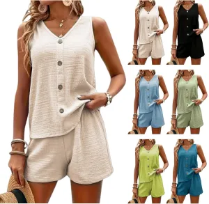 2 Piece Sets for Women Summer Matching Lounge Sets Button Decor Sleeveless Tops and Shorts Vacation Outfits Tracksuit
