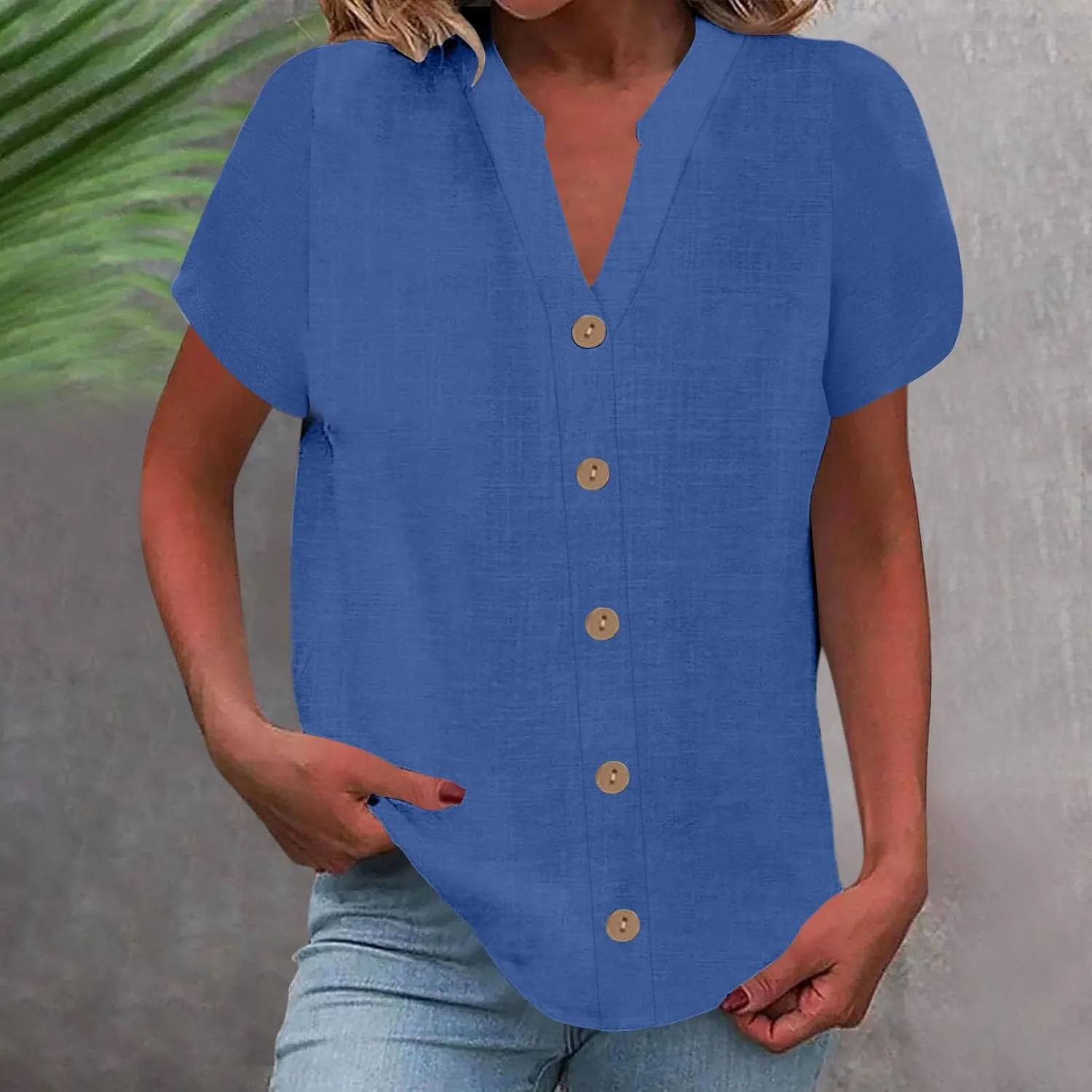 2025 Summer Blouses for Women Cool Cotton Linen V-Neck Short Sleeves Button Tops Casual Comfy Loose Solid T-Shirts