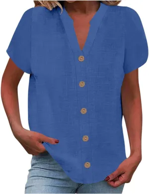 2025 Summer Blouses for Women Cool Cotton Linen V-Neck Short Sleeves Button Tops Casual Comfy Loose Solid T-Shirts