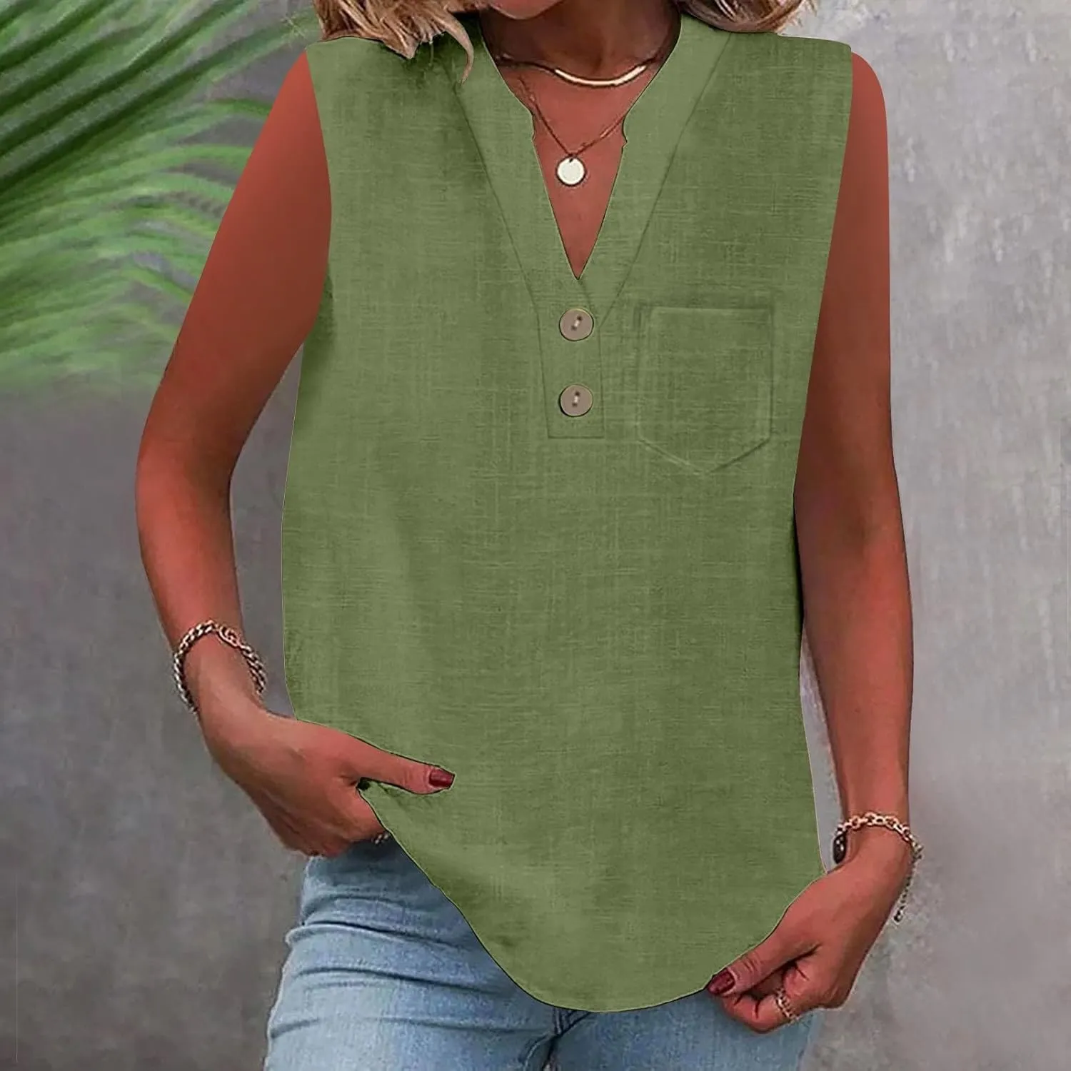 2025 Summer V Neck Button Down Cotton Linen Tank Top for Women Trendy Casual Sleeveless Shirt Beach Vacation Camisole Outfit