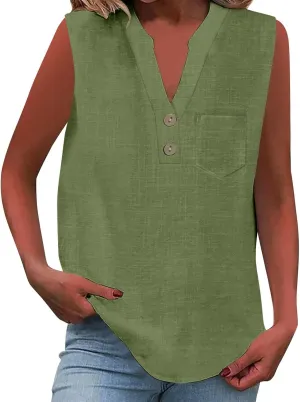2025 Summer V Neck Button Down Cotton Linen Tank Top for Women Trendy Casual Sleeveless Shirt Beach Vacation Camisole Outfit