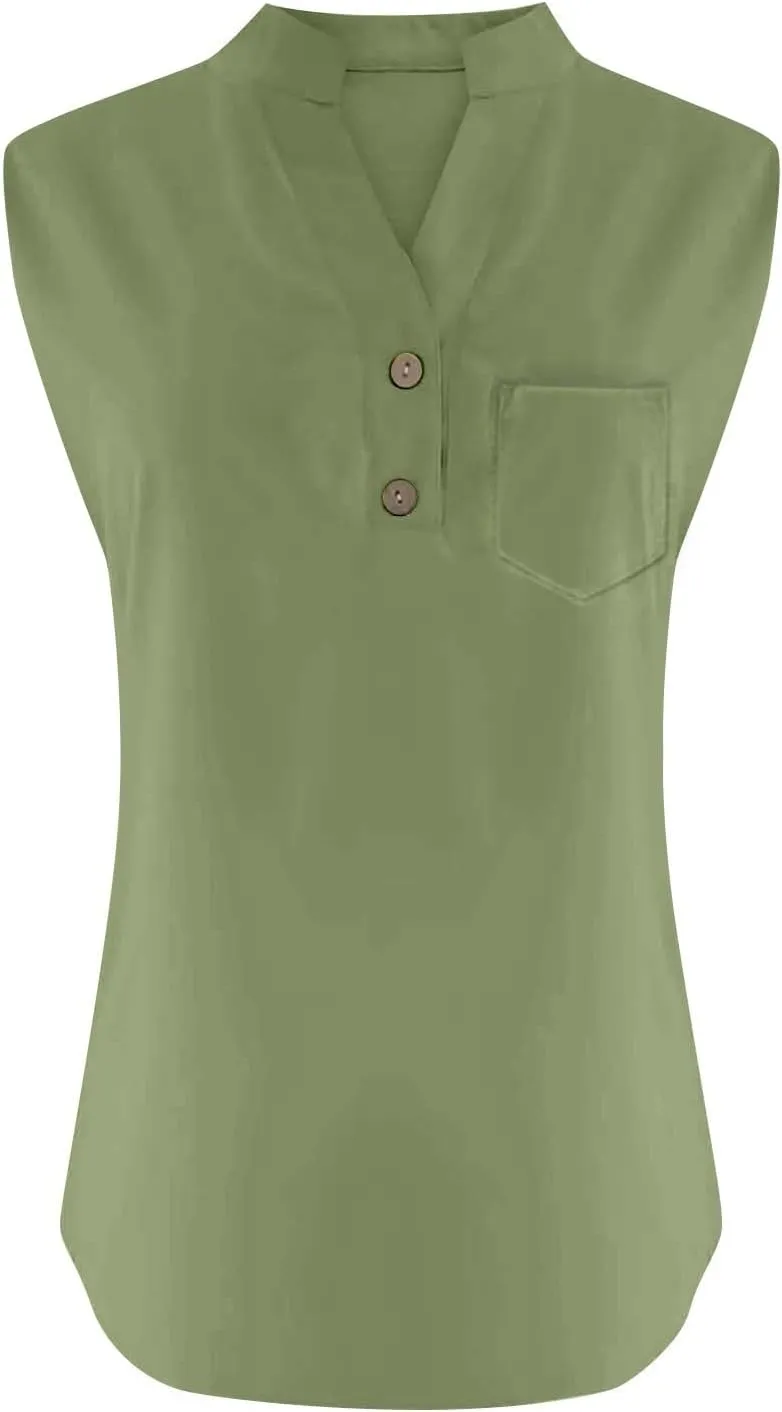 2025 Summer V Neck Button Down Cotton Linen Tank Top for Women Trendy Casual Sleeveless Shirt Beach Vacation Camisole Outfit