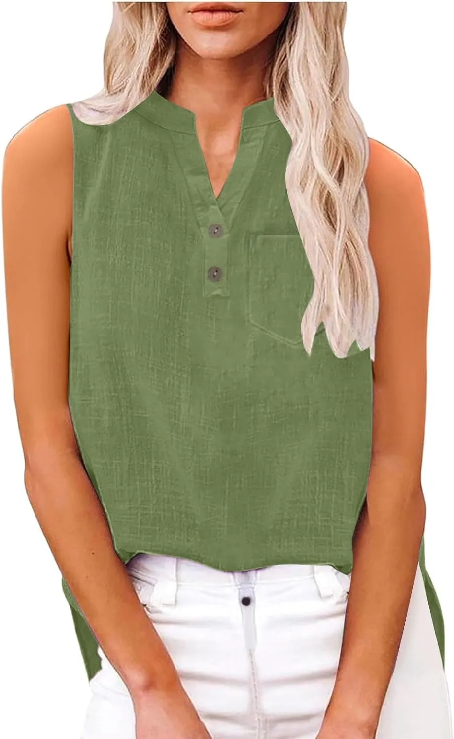 2025 Summer V Neck Button Down Cotton Linen Tank Top for Women Trendy Casual Sleeveless Shirt Beach Vacation Camisole Outfit