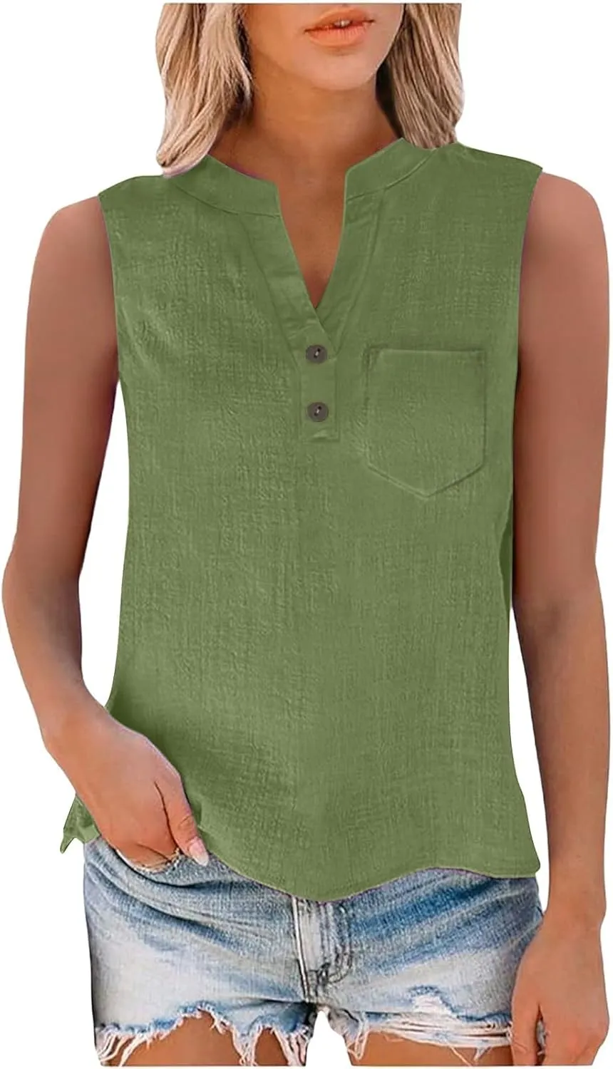 2025 Summer V Neck Button Down Cotton Linen Tank Top for Women Trendy Casual Sleeveless Shirt Beach Vacation Camisole Outfit