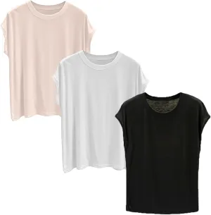 3 Pack Womens Cap Sleeve Crop Tops Cotton T Shirts Crewneck Loose Fit Short Sleeves Tee Summer Clothes 2025
