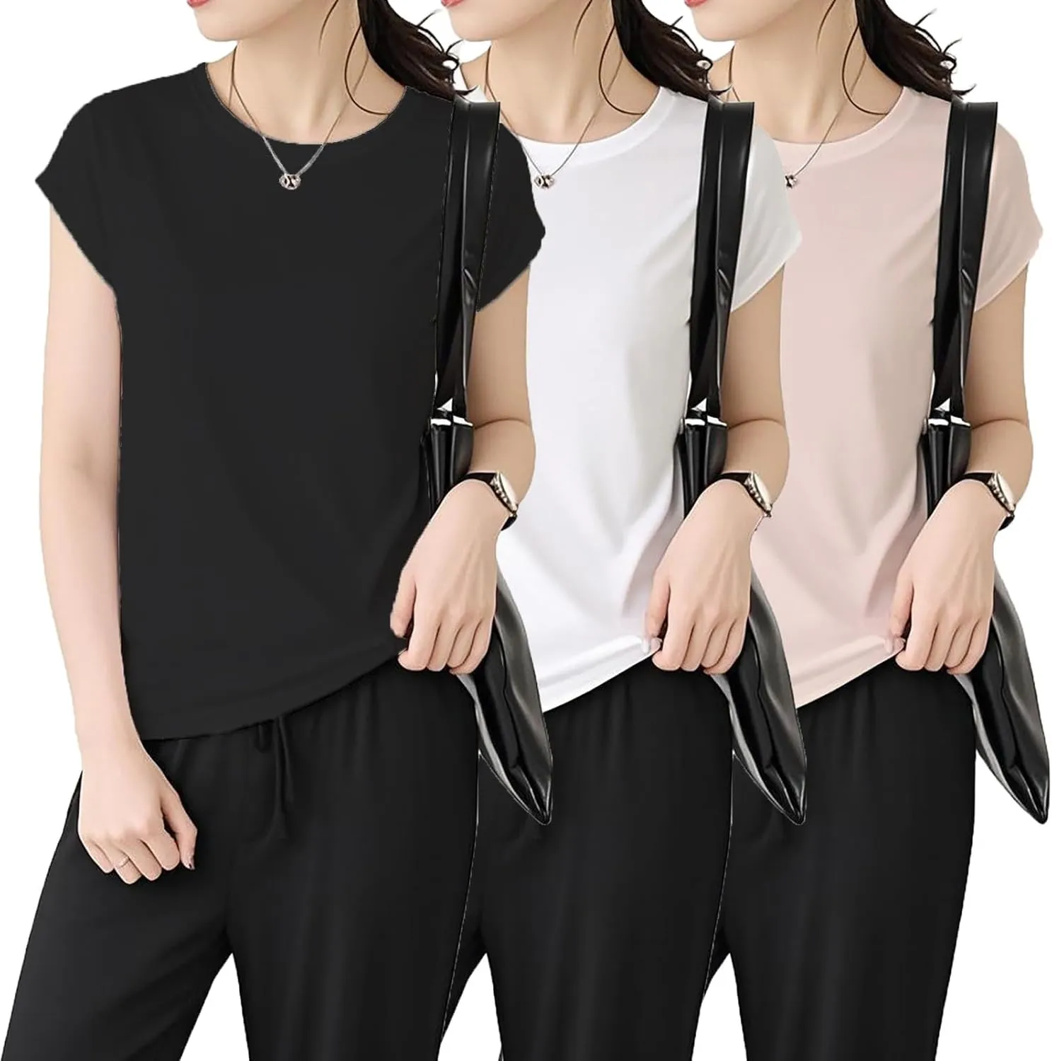 3 Pack Womens Cap Sleeve Crop Tops Cotton T Shirts Crewneck Loose Fit Short Sleeves Tee Summer Clothes 2025