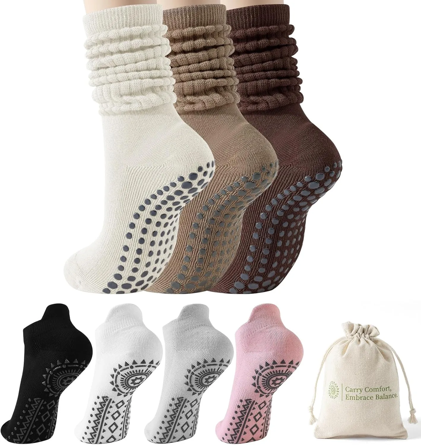 3 Pairs Pilates Slouch Socks & 4 Pairs Grippy Yoga Socks for Athletic Ballet Barre Dance Workout
