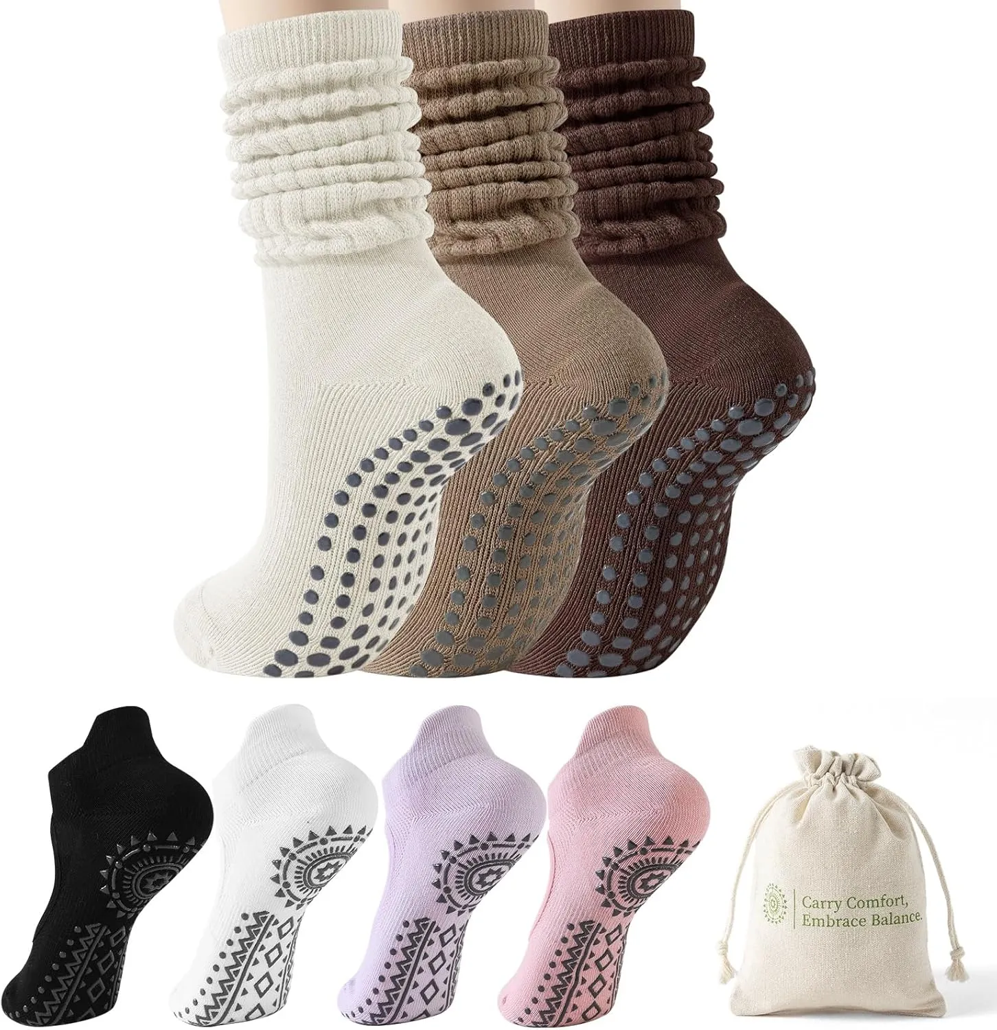 3 Pairs Pilates Slouch Socks & 4 Pairs Non Slip Yoga Athletic Ballet Barre Dance Workout Ankle Socks