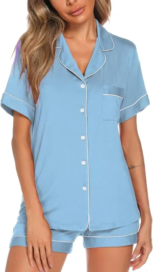 Aamikast Button Up Pajama Set for Women Shorts Short Sleeve Knit Sleepwear 2 Pice Pjs Sets