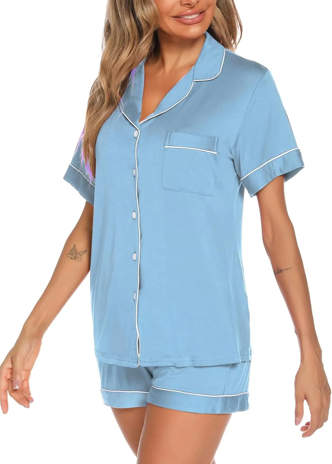 Aamikast Button Up Pajama Set for Women Shorts Short Sleeve Knit Sleepwear 2 Pice Pjs Sets