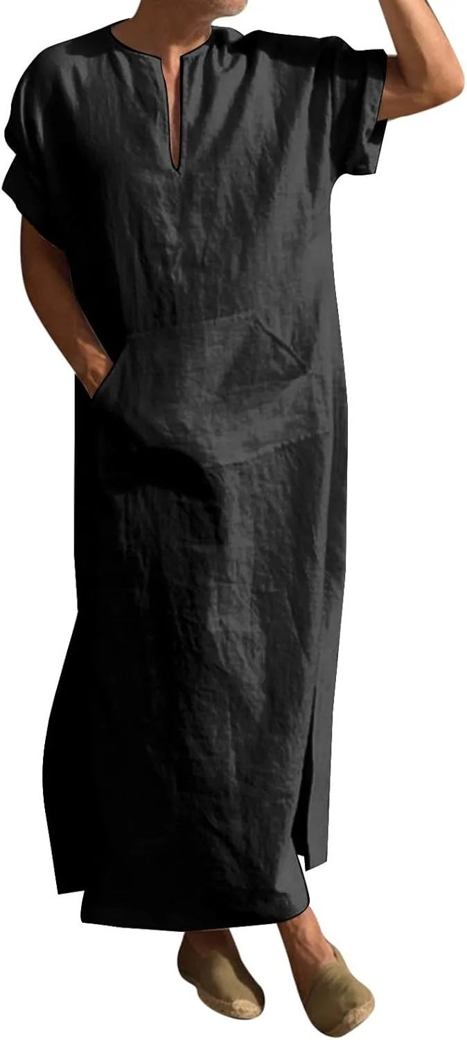 Alalaso Men's Muslim Kaftan Clothes Saudi Arabic Middle East Islamic Long Gown Dress Breathable Clothing Ramadan Jubbah