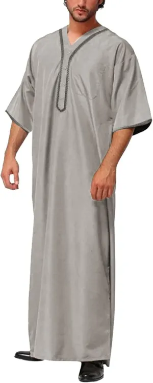 Alalaso Men's Muslim Kaftan Clothes Saudi Arabic Middle East Islamic Long Gown Dress Breathable Clothing Ramadan Jubbah