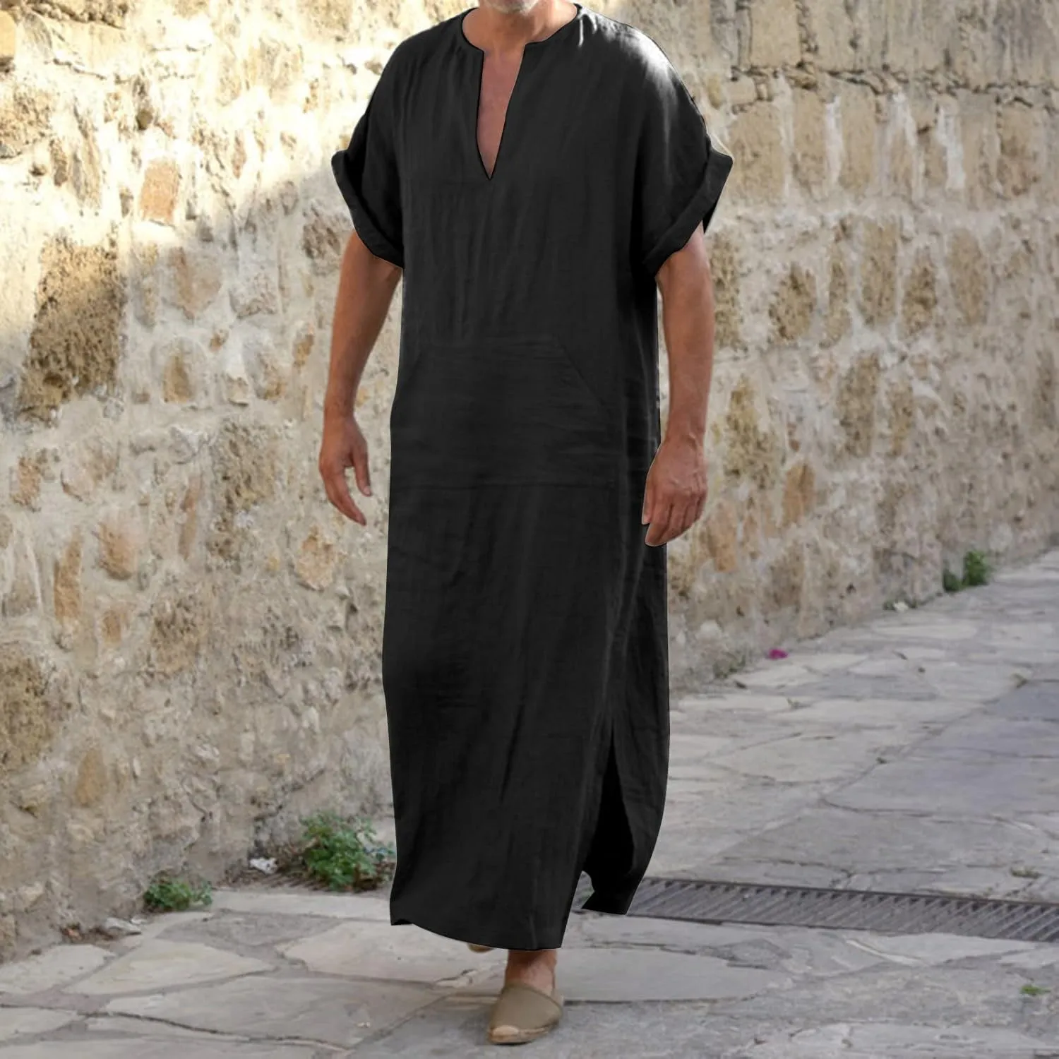 Alalaso Men's Muslim Kaftan Clothes Saudi Arabic Middle East Islamic Long Gown Dress Breathable Clothing Ramadan Jubbah