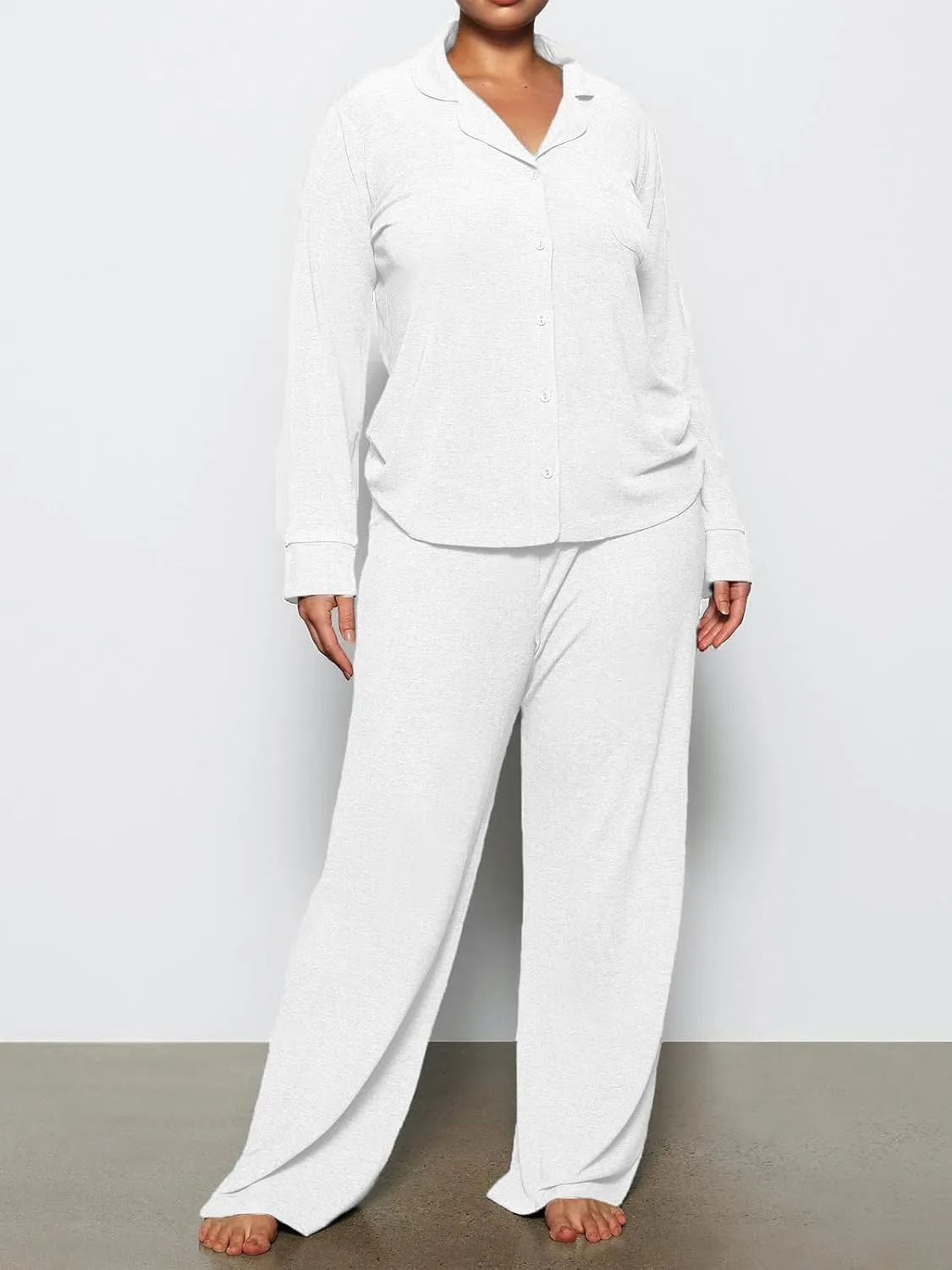 AnotherChill Women's Pajamas Set Long Sleeve Button Down Ribbed Knit 2 Piece Sleep Sets Loungewear Soft Pjs