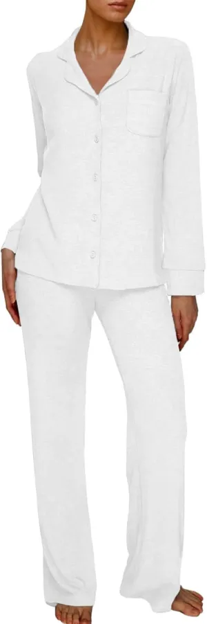 AnotherChill Women's Pajamas Set Long Sleeve Button Down Ribbed Knit 2 Piece Sleep Sets Loungewear Soft Pjs