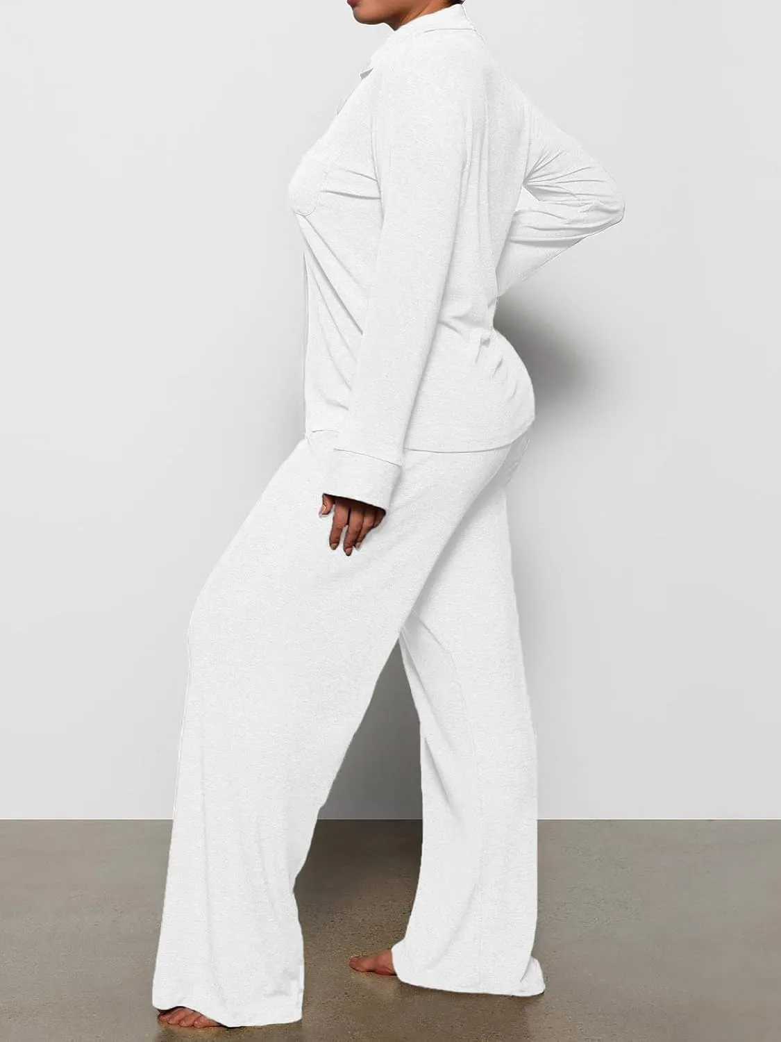 AnotherChill Women's Pajamas Set Long Sleeve Button Down Ribbed Knit 2 Piece Sleep Sets Loungewear Soft Pjs