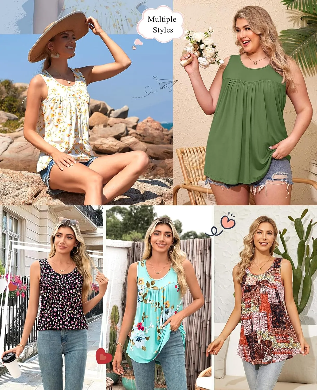 Anydeer Womens Summer Tank Tops Sleeveless Shirts 2025 Casual Tunics Loose Fit Blouses for Ladies Plus Size M-4XL