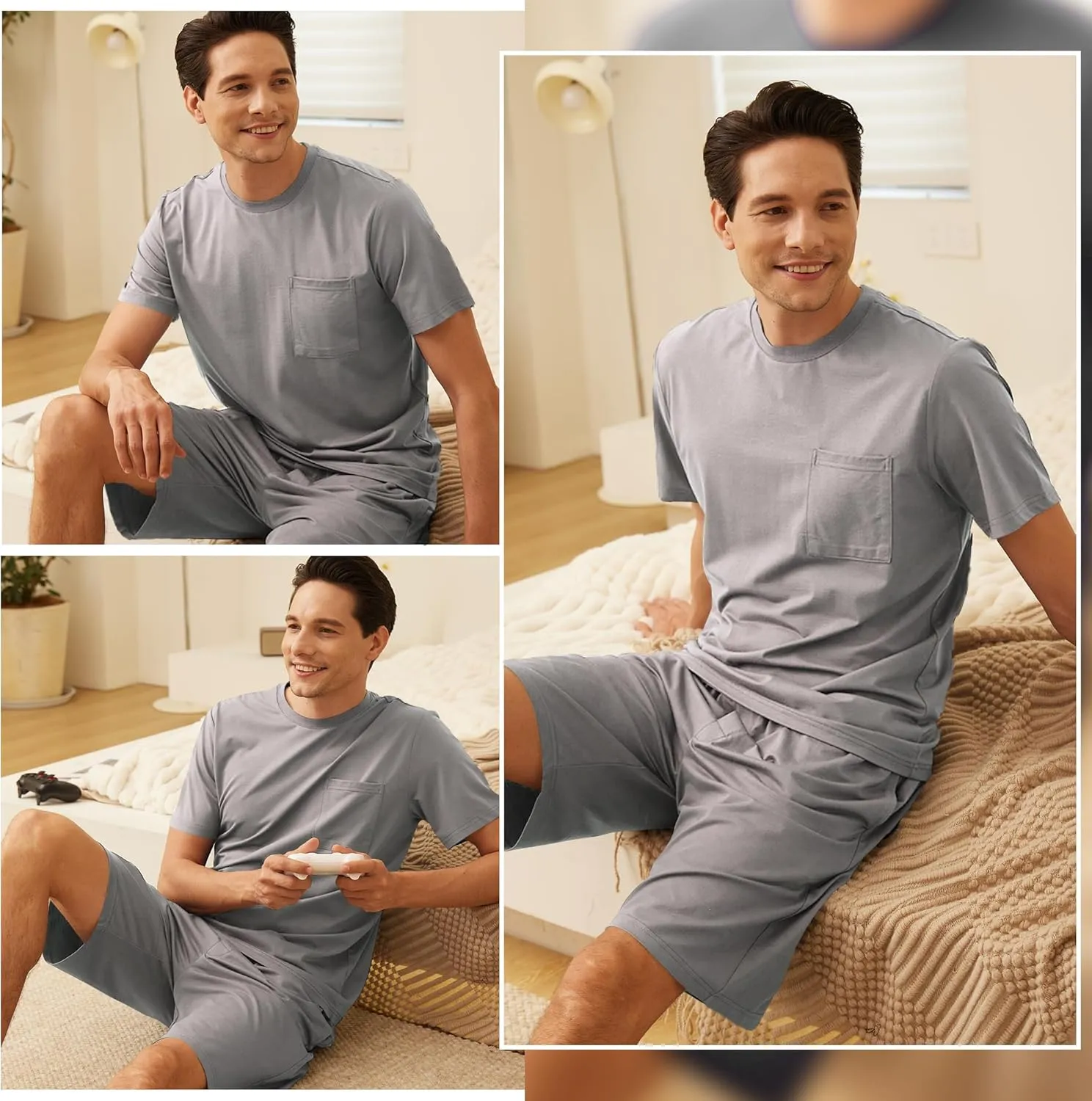 BAMBOO COOL Mens Pajama Set Summer Pjs Sleepwear Short Sleeve Shirts Soft Lightweight Sleep Sets with Pockets S-2XL