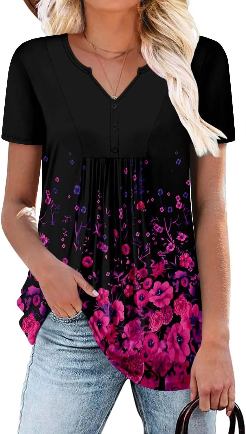 BETTE BOUTIK Womens Short Sleeve Tunics V Neck Button Down Shirts Blouse Tops Pullover S-3XL