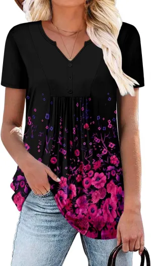 BETTE BOUTIK Womens Short Sleeve Tunics V Neck Button Down Shirts Blouse Tops Pullover S-3XL