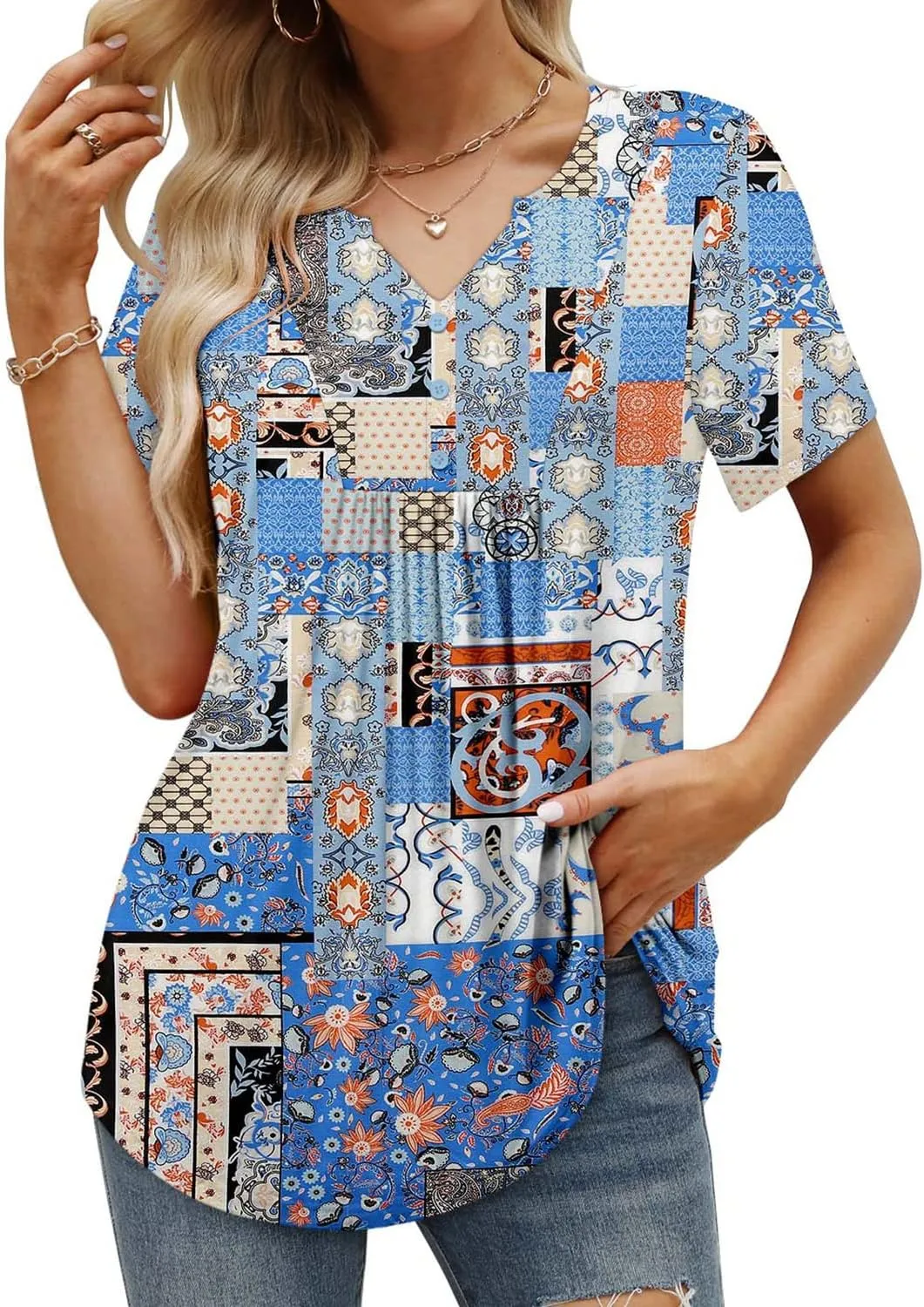 BETTE BOUTIK Womens Short Sleeve Tunics V Neck Button Down Shirts Blouse Tops Pullover S-3XL