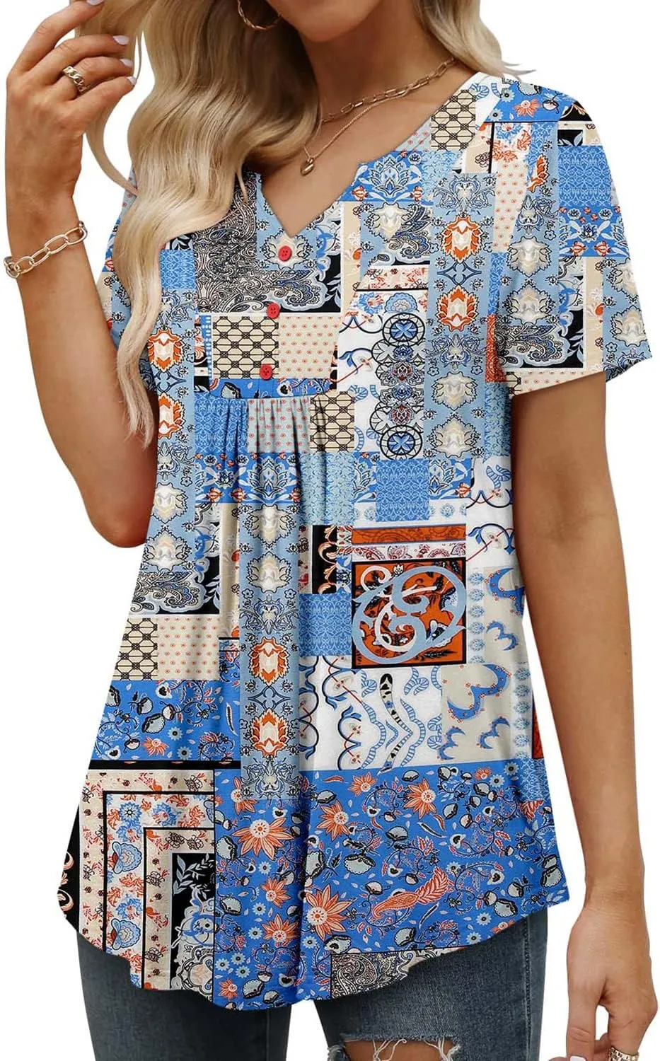 BETTE BOUTIK Womens Short Sleeve Tunics V Neck Button Down Shirts Blouse Tops Pullover S-3XL