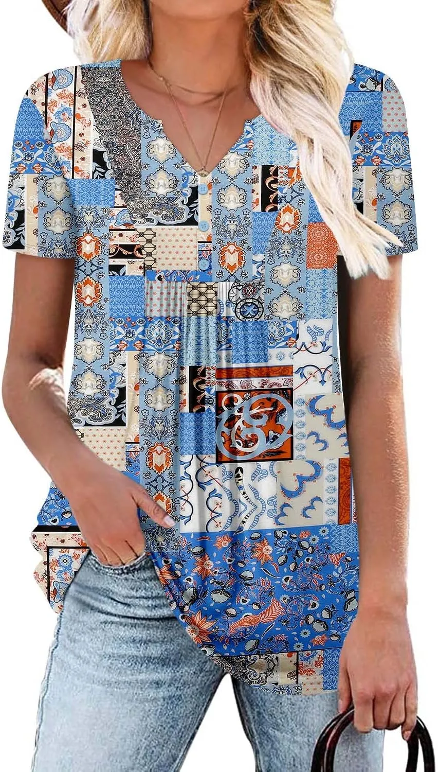 BETTE BOUTIK Womens Short Sleeve Tunics V Neck Button Down Shirts Blouse Tops Pullover S-3XL