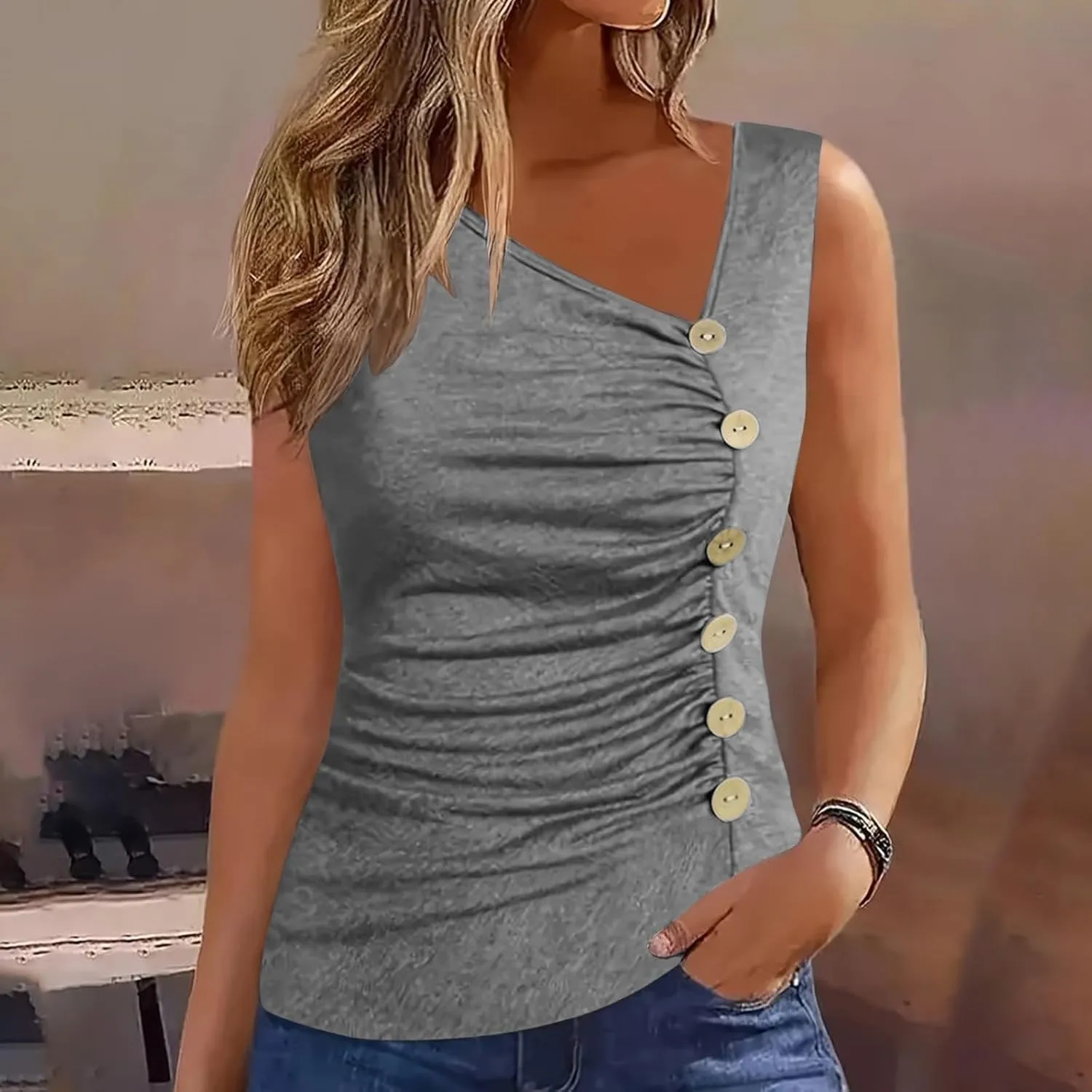 Binmer Ruched Button Decor Tank Top for Womens 2024 Trendy V Neck Shirts Casual Solid Party Club Vest Summer Sleeveless Tees