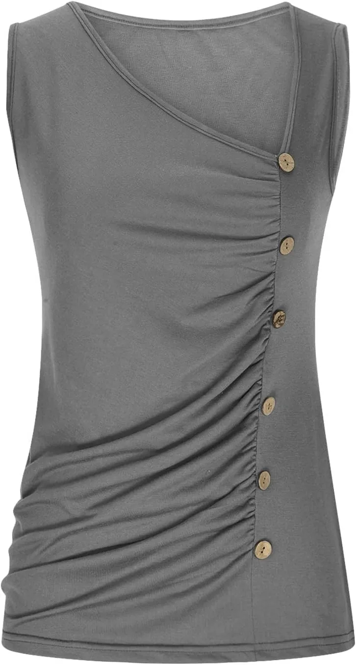 Binmer Ruched Button Decor Tank Top for Womens 2024 Trendy V Neck Shirts Casual Solid Party Club Vest Summer Sleeveless Tees