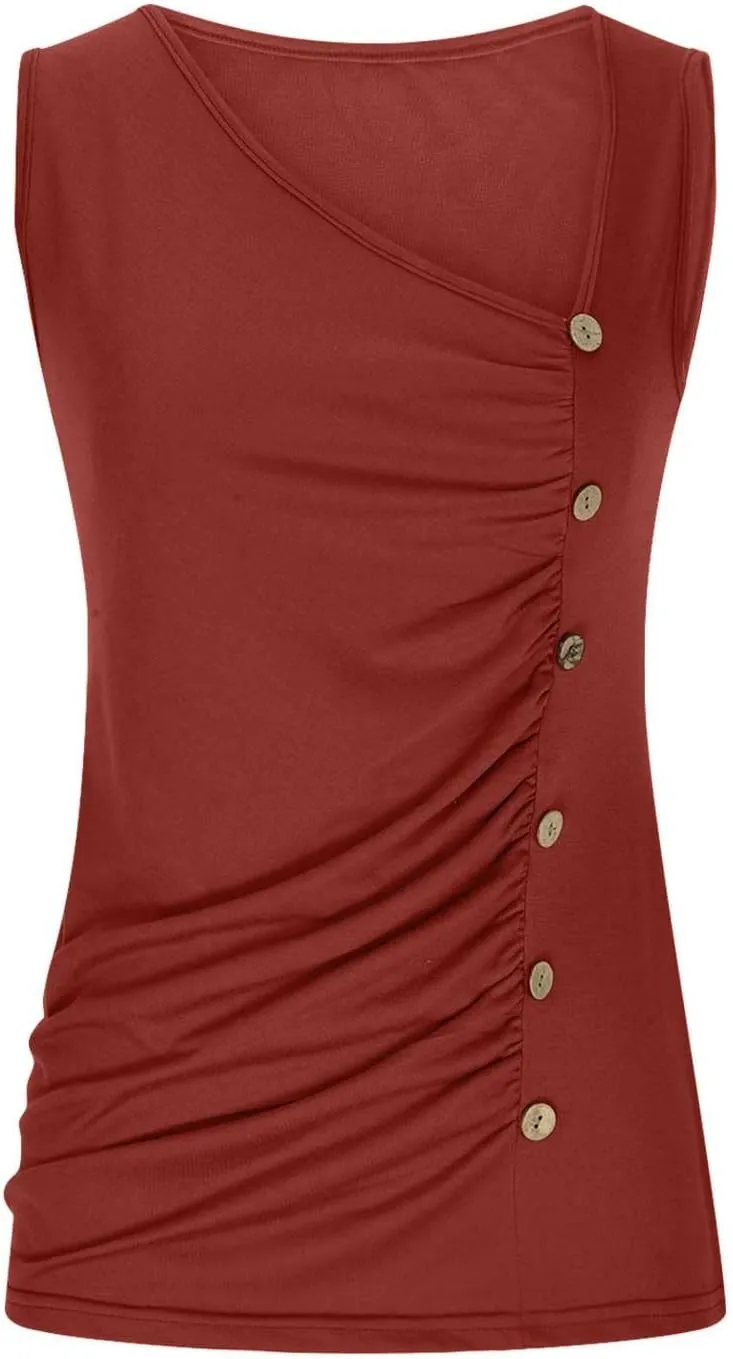 Binmer Ruched Button Decor Tank Top for Womens 2024 Trendy V Neck Shirts Casual Solid Party Club Vest Summer Sleeveless Tees