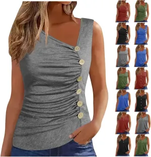 Binmer Ruched Button Decor Tank Top for Womens 2024 Trendy V Neck Shirts Casual Solid Party Club Vest Summer Sleeveless Tees