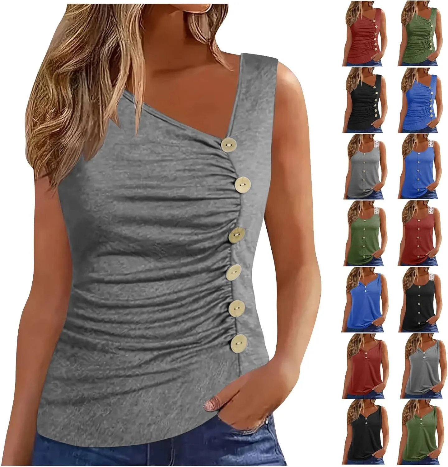 Binmer Ruched Button Decor Tank Top for Womens 2024 Trendy V Neck Shirts Casual Solid Party Club Vest Summer Sleeveless Tees