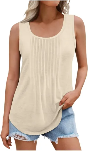 Binmer Women Plus Size Tank Tops Summer Casual Pleated Crew Neck Sleeveless T Shirts Loose Fit Beach Vest Tees,Solid/Gradient