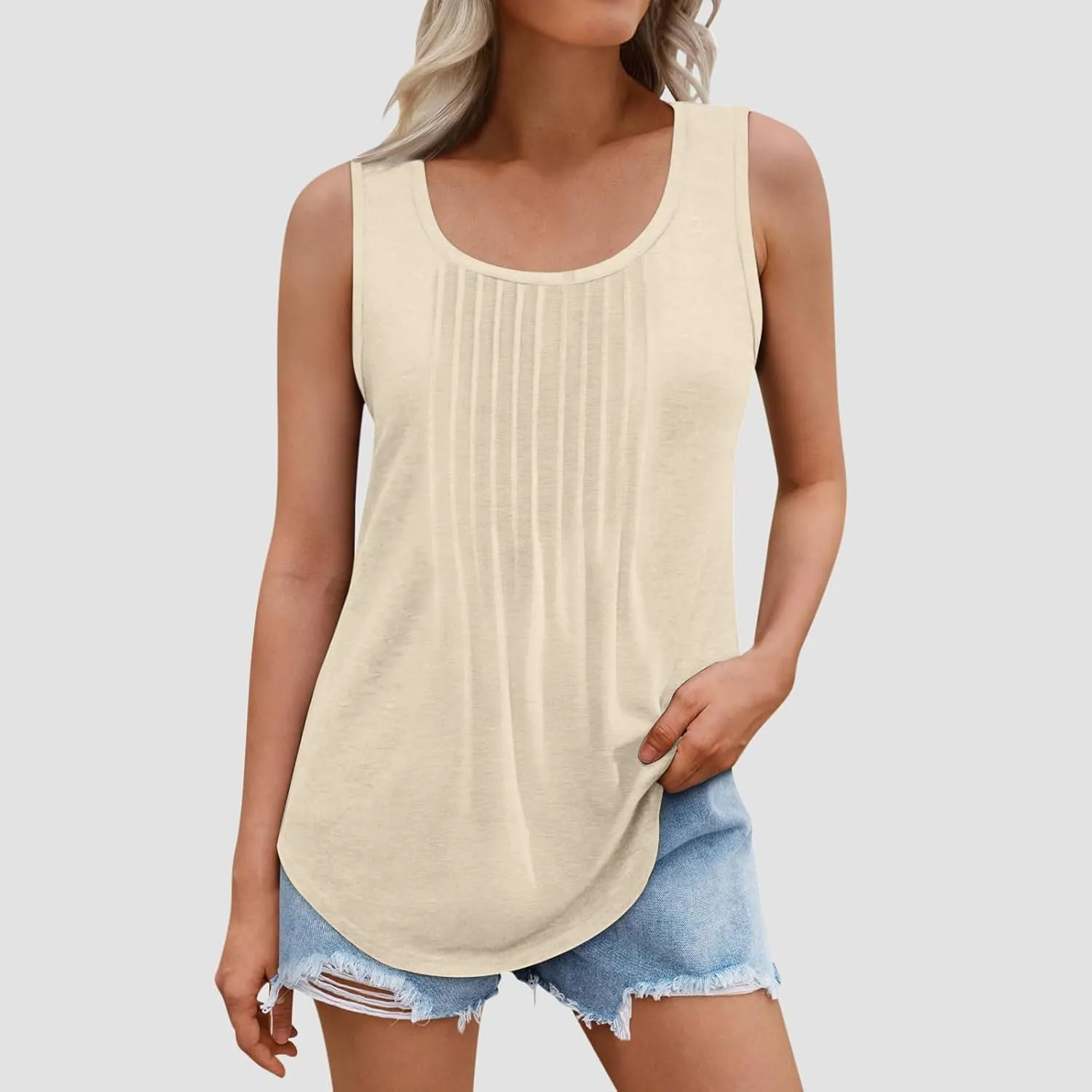 Binmer Women Plus Size Tank Tops Summer Casual Pleated Crew Neck Sleeveless T Shirts Loose Fit Beach Vest Tees,Solid/Gradient