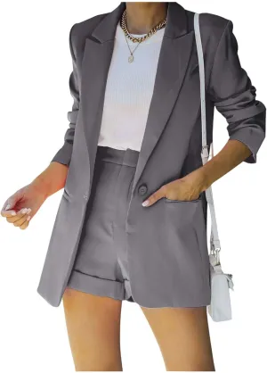 Blazer Shorts Set Women 2 Piece Outfits Long Sleeve Button Down Blazers and Shorts Business Suit Sets