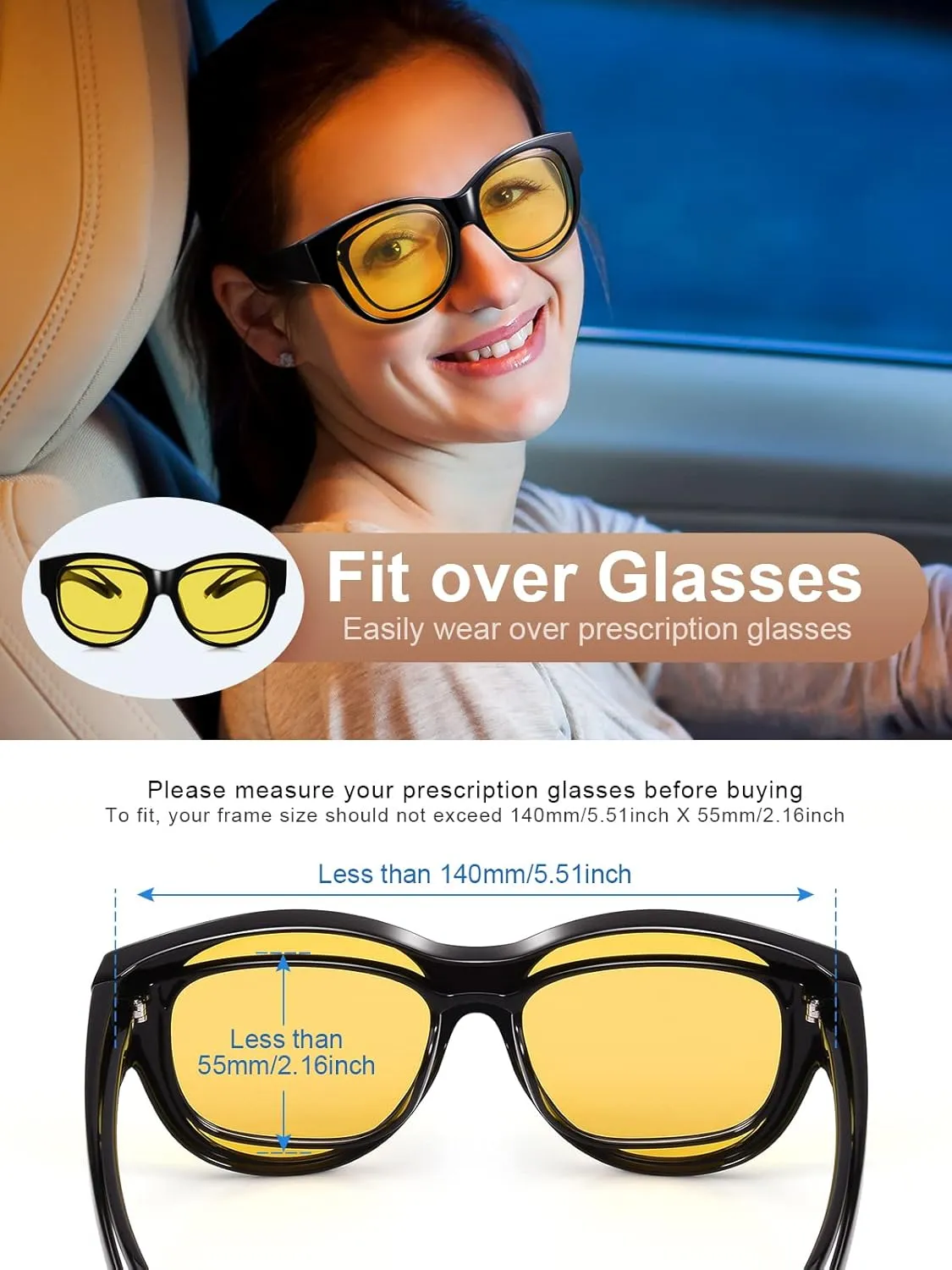 Br'Guras Night Driving Glasses Fit Over Prescription Glasses Anti Glare Oversized Cat Eye Night Vision Glasses for Men Women