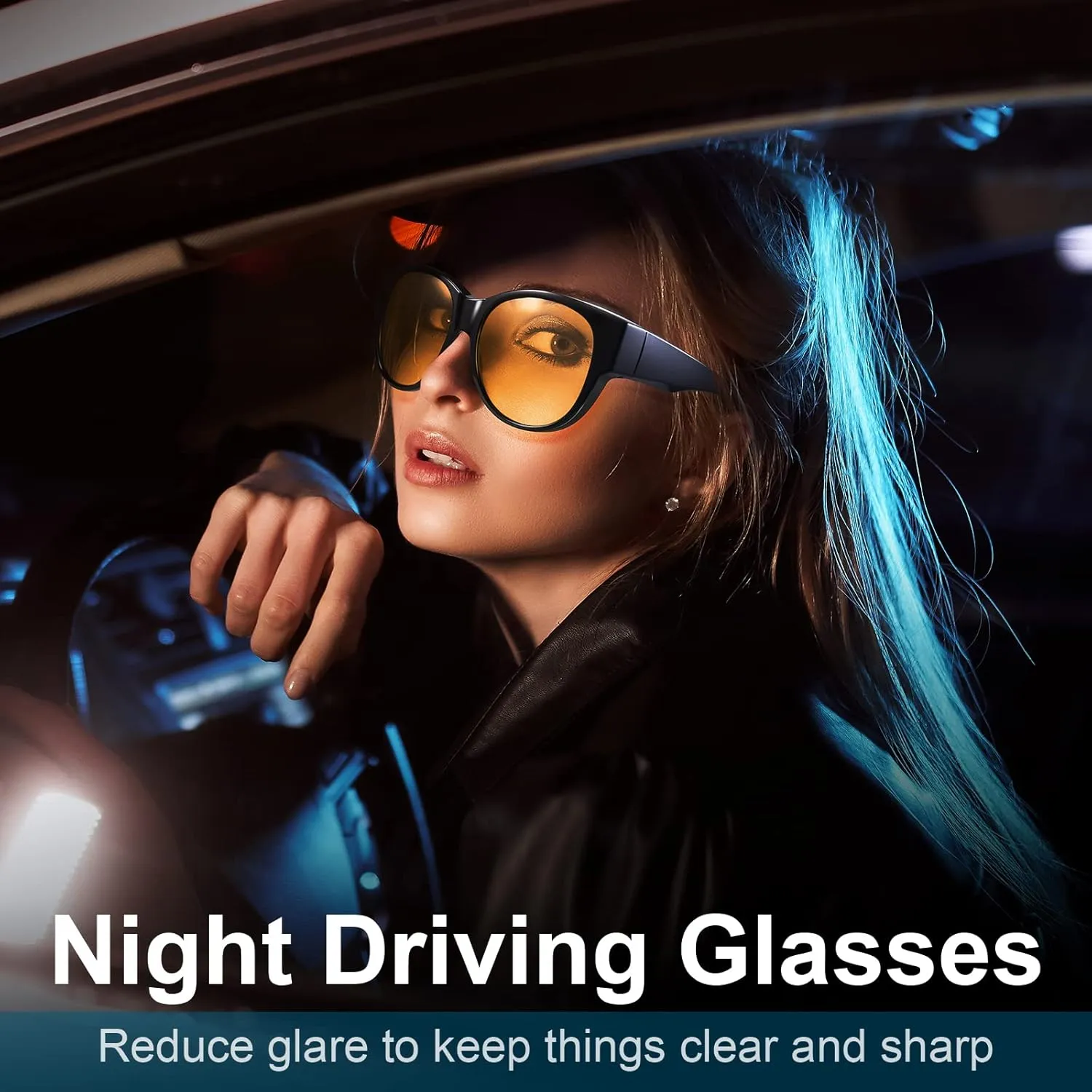 Br'Guras Night Driving Glasses Fit Over Prescription Glasses Anti Glare Oversized Cat Eye Night Vision Glasses for Men Women