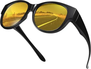 Br'Guras Night Driving Glasses Fit Over Prescription Glasses Anti Glare Oversized Cat Eye Night Vision Glasses for Men Women