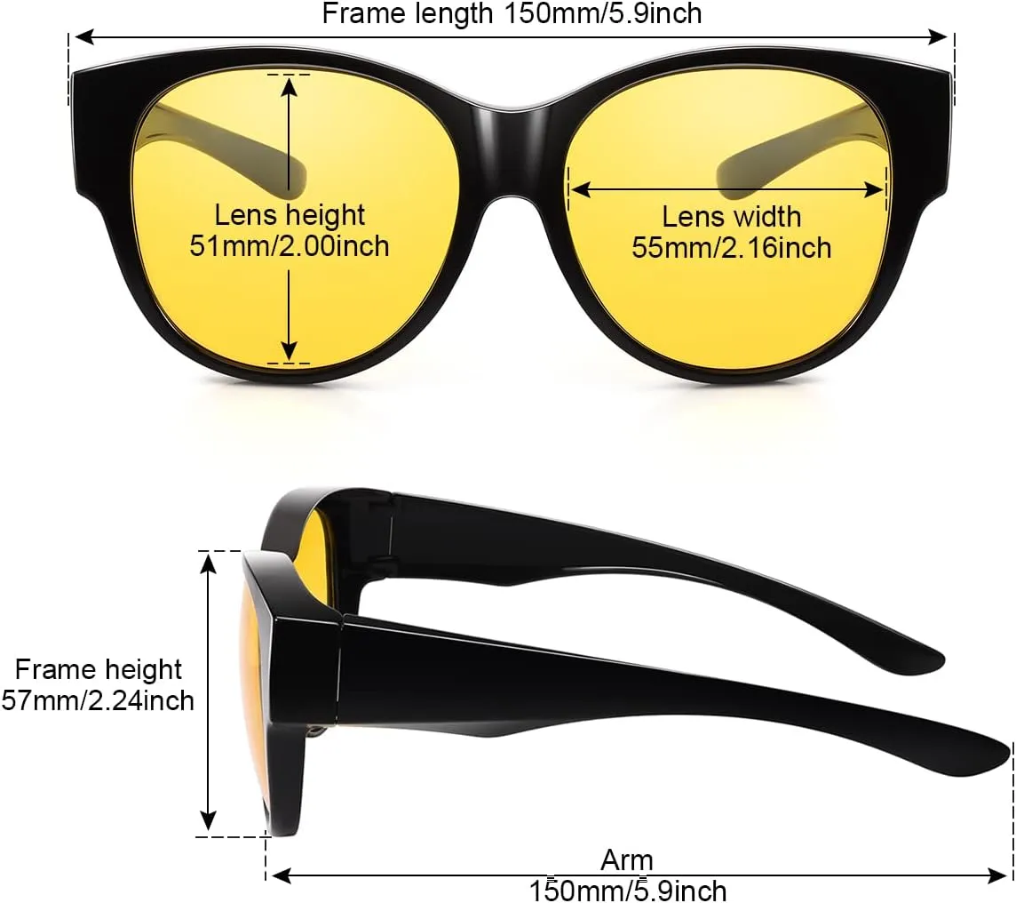 Br'Guras Night Driving Glasses Fit Over Prescription Glasses Anti Glare Oversized Cat Eye Night Vision Glasses for Men Women