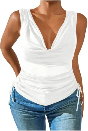 Compression Tanks for Women Deep V Neck Sleeveless Tummy Control Soft Shirts Fashion Smocked Summer Tops Clothes