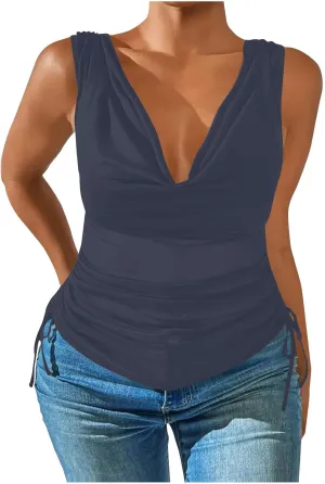 Compression Tanks for Women Deep V Neck Sleeveless Tummy Control Soft Shirts Fashion Smocked Summer Tops Clothes