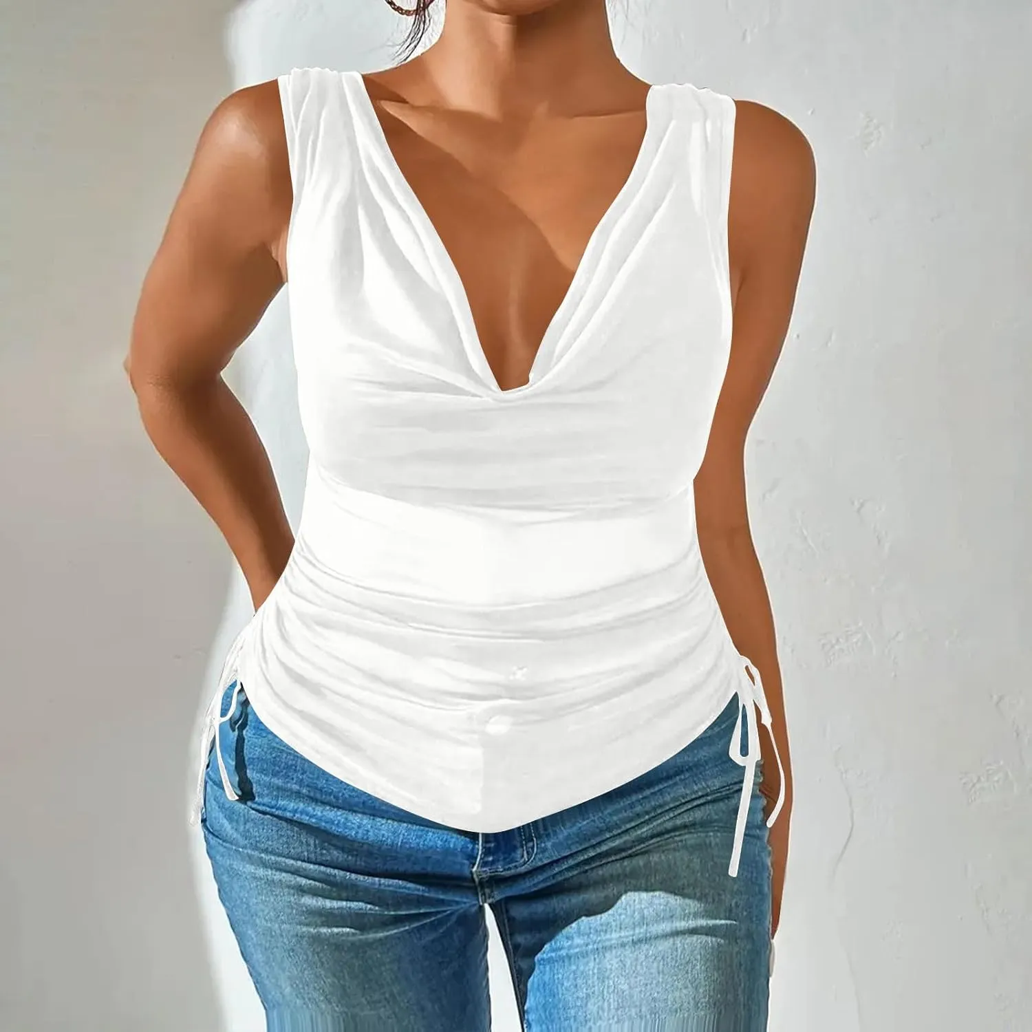 Compression Tanks for Women Deep V Neck Sleeveless Tummy Control Soft Shirts Fashion Smocked Summer Tops Clothes