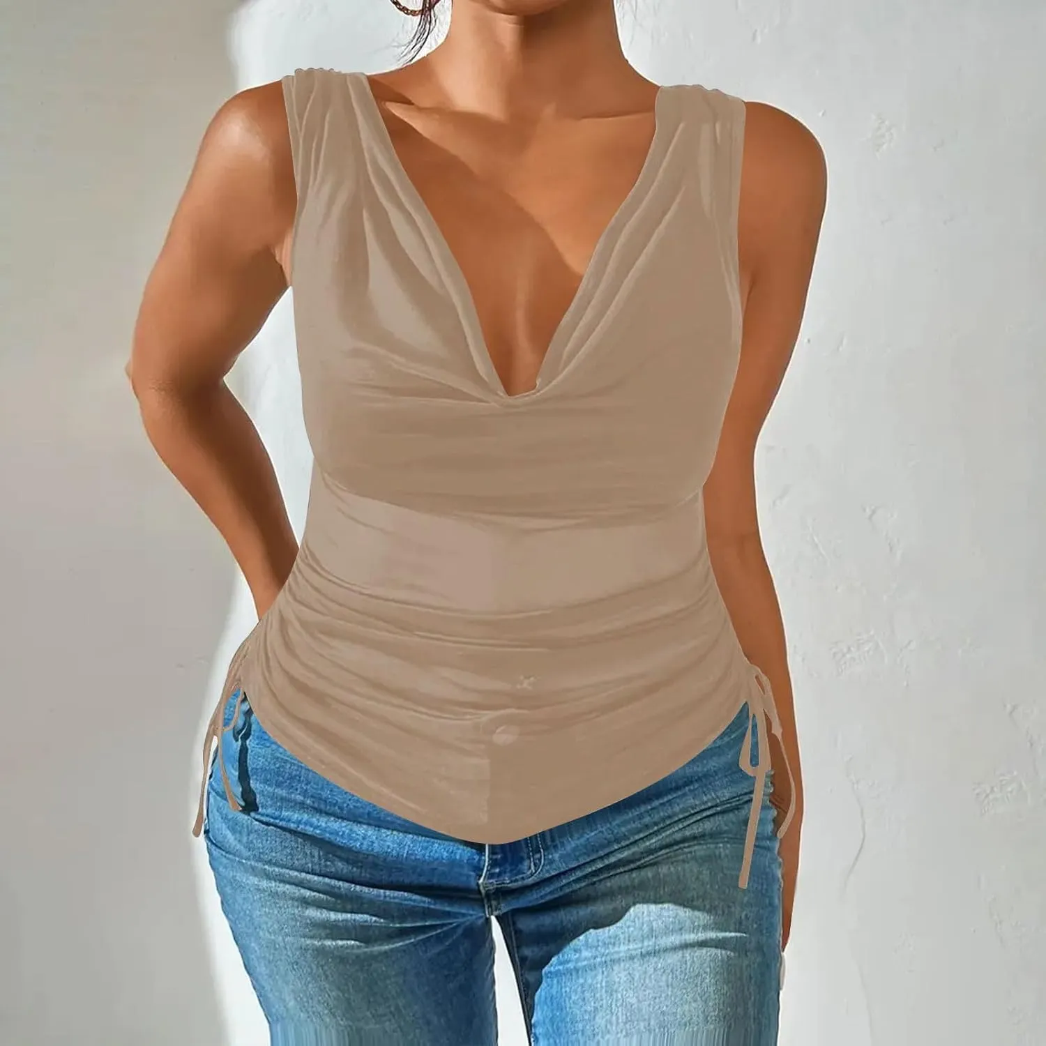 Compression Tanks for Women Deep V Neck Sleeveless Tummy Control Soft Shirts Fashion Smocked Summer Tops Clothes