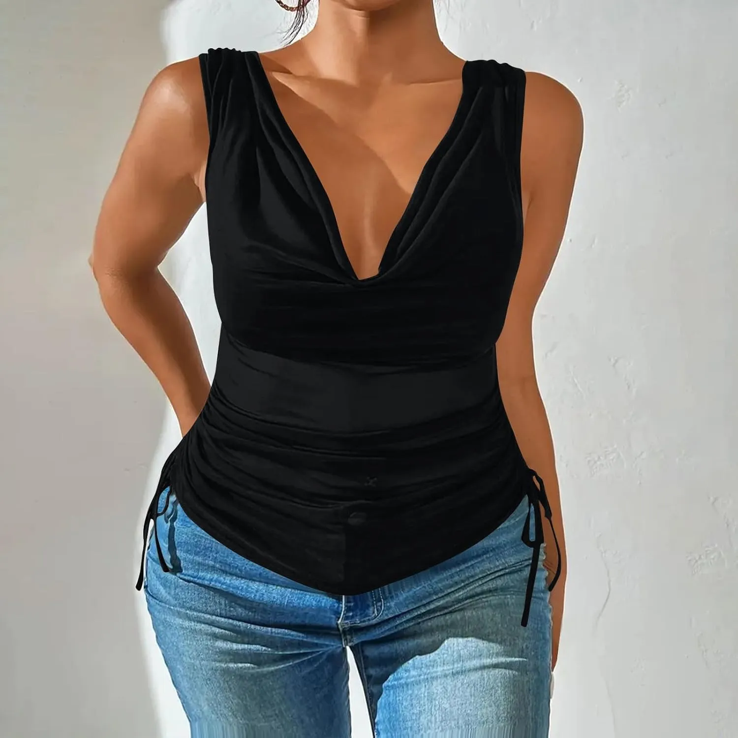 Compression Tanks for Women Deep V Neck Sleeveless Tummy Control Soft Shirts Fashion Smocked Summer Tops Clothes