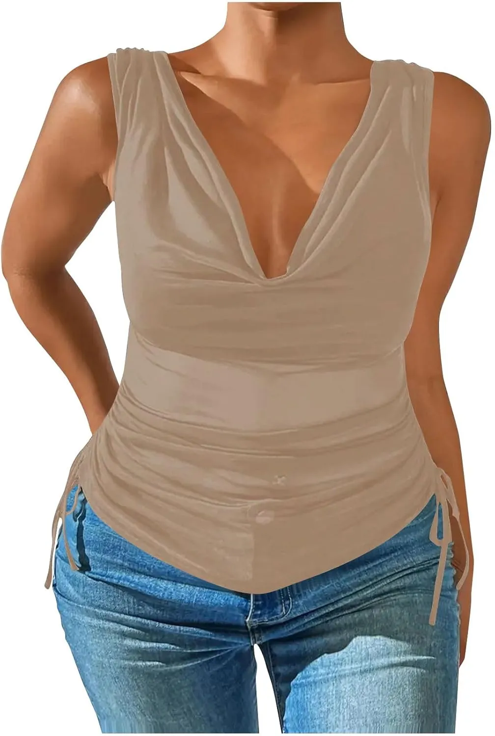 Compression Tanks for Women Deep V Neck Sleeveless Tummy Control Soft Shirts Fashion Smocked Summer Tops Clothes