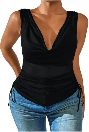 Compression Tanks for Women Deep V Neck Sleeveless Tummy Control Soft Shirts Fashion Smocked Summer Tops Clothes