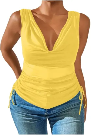 Compression Tanks for Women Deep V Neck Sleeveless Tummy Control Soft Shirts Fashion Smocked Summer Tops Clothes